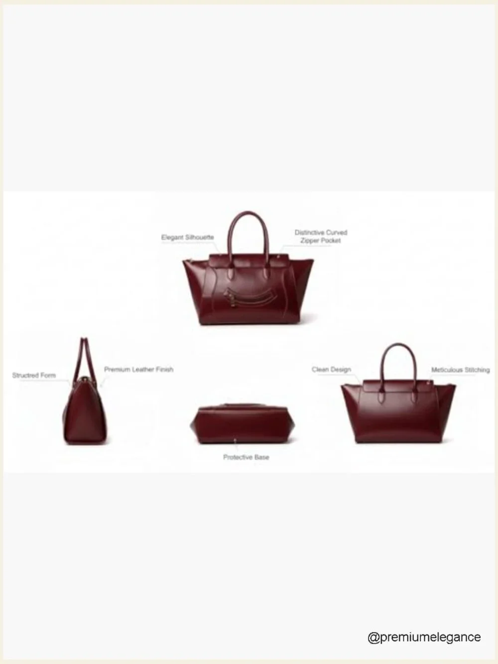 Large Burgundy Leather Tote Handbag with Front Zip Pocket